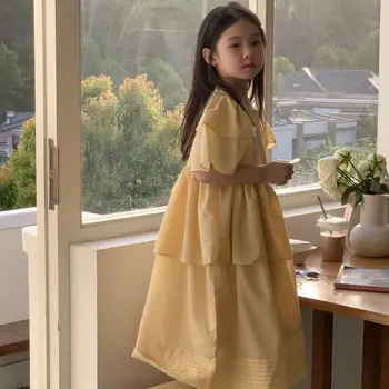 Prenses Elbiseler sıfır yaka yaka Uçan Kollu A-line Ayak Bileği Uzunluğu Kazak Katmanlı Pamuk Temiz Katı Yumuşak Tatlı Güzel Çocuk Kız