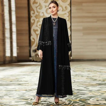 Püskül Boncuk Abaya Siyah Kimono Hırka Kadın Müslüman Elbise Ramazan Jalabiya Dubai Türkiye Kaftan İslam Giyim Robe Vestido