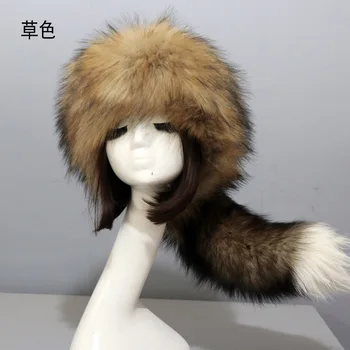 Rakun Kürk Şapka Kadın kışlık şapkalar Renkli Yumuşak Yüksek Kalite Moda Sıcak Rus Moğol Şapka Kuyrukları İle