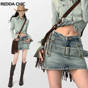 REDDACHıC Y2K Kot Etek Temel Kuşaklı Yüksek Bel Mikro Moda Seksi Kot Etekler Mini Kısa Dipleri Cowgirl Vintage Streetwear