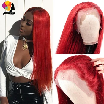 REMYBLUE 99J Kırmızı Bordo Dantel Ön insan saçı peruk 180 % sırma ön peruk Brezilyalı düz insan saçı Peruk Remy Orta Kısmı