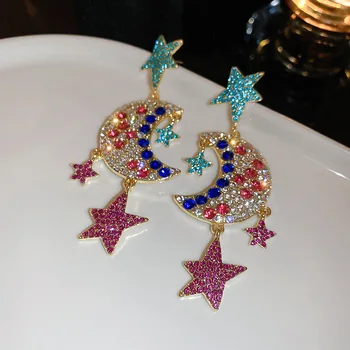 Renkli Kristal Küpe Kadınlar için Uzun Yıldız Ay Dangle Küpe Bayanlar Parti Düğün Takı