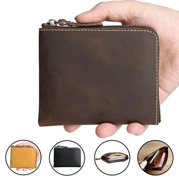 Retro erkek küçük cüzdan Çılgın At deri cüzdan kredi kart tutucu Fermuar Cüzdan Billfold küçük cüzdan Sikke Çanta Notecase