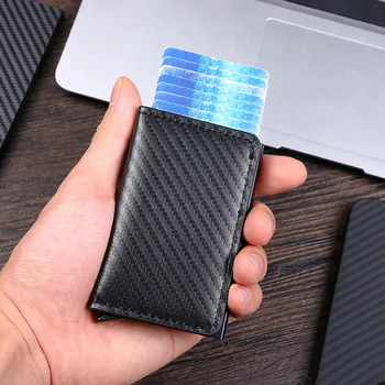 RFID anti-hırsızlık fırça otomatik olarak çıkarılan kart çantası Ultra ince kredi kartı metal kart çantası erkek çoklu kart cüzdan karbon fiber