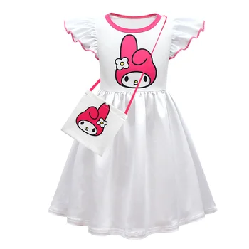 Sanrio Hello Kitty Kuromi Benim Melody Cinnamoroll Karikatür Baskılı Elbise Kız Uçan Kollu evaze elbise Toddler Kız Giysileri