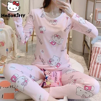 Sanrio Hello Kitty Pijama Kadın Sonbahar Ince Kadife Sıcak Iç Çamaşırı Dip Setleri Y2k Kawaii Karikatür Anime Slim Fit Ev Giysileri