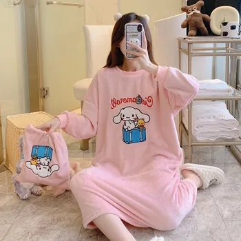 Sanrios Karikatür Cinnamoroll Pijama Anime Peluş Pijama Etek Kawaii Kıyafeti Gecelik Takım Elbise Sonbahar Kış Sevimli Kız Pijama