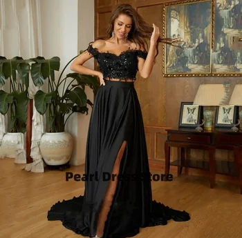 Siyah Elbiseler Balo Elbise Kadınlar Balo Uzun Elbiseler Özel Etkinlikler için İki Parçalı Set Parlak Saten Kokteyl Akşam