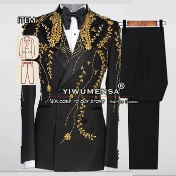 Siyah erkek Takım Elbise Düğün İçin Altın Boncuk Ceket Pantolon 2 Adet Resmi Damat Giyim Ziyafet Balo Parti Elbise Erkek Moda Giyim