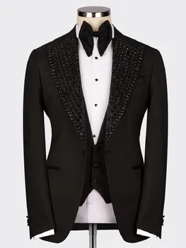 Siyah LuxuryMen Takım Elbise Özel 2 Adet Blazer Pantolon Bir Düğme Peakes Yaka Düğün Resmi İnciler Boncuk Custom Made Artı Boyutu