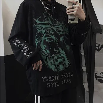 Siyah Yüksek Sokak T Shirt Moda Erkek T-Shirt Rahat Japonya Üstleri Streetwear Karikatür Sonbahar Ulzzang Uzun Kollu Gotik Gömlek Erkek
