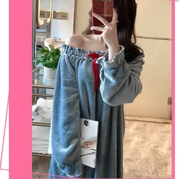 Slash Bayan Gece Pijama Elbise Ev Giyim Ruffles Kore Parça Gecelik 2023 Kollu Pijama Bir Uzun Boyun Kış Polar Yay