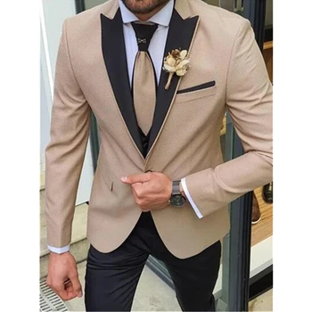 Son Erkek Takım Elbise Düğün için 3 Parça (Ceket + Yelek + Pantolon) tepe Yaka Balo Smokin Slim Fit Damat Düğün Takımları Erkekler için Blazer