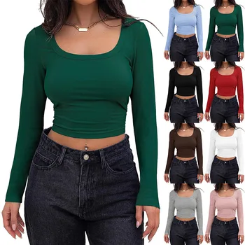 Sonbahar Giysileri Kadın T Shirt Yumuşak Rahat Salonu Kore Moda Kare Boyun Üst Kadın Slim fit Uzun Kollu Üstleri