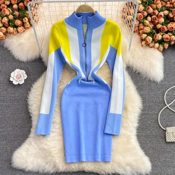 Sonbahar Kış Moda Geometrik Örme Elbise Kadınlar Casual O-boyun Fermuar Kısa Bodycon Kazak Elbise 2023 Yeni Bayan Vestidos