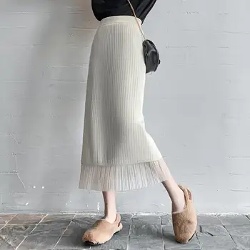 Sonbahar Kış Örgü Midi Etekler Kadınlar Yüksek Bel Düz Etek Bayanlar Dantel Vintage Orta uzunlukta Etek Femme Streetwear T368