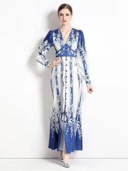Sonbahar Yeni Moda V Yaka Uzun Kollu Maxi Elbise Kadınlar için Zarif Bayanlar Mavi Baskı İnce Büyük Salıncak Parti Elbise Elbiseler Femme