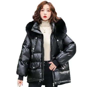 Sıcak kışmoda Trendyeni stilbeyaz Ördek şişme ceket kadınlar Kısa 2023 Yeni Tek Kullanımlık Parlak Moda Sıcak ve Gevşek Kürk C