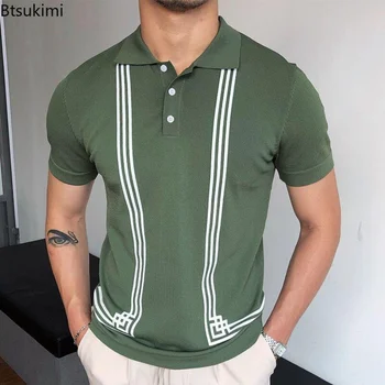 Sıcak Satış erkek yaz giysileri Lüks Stil İnce Yeşil Şerit polo gömlekler Erkek Örme Kısa Kollu polo tişörtler Erkekler golf tişörtü