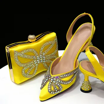 Sıcak Satış Nijeryalı Kadınlar Sarı Renk ayakkabı ve çanta seti Yaz Zarif Peep Toe Ayakkabı Ve Çanta Maç Seti Akşam Parti