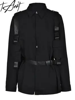 [TANNT] Kadınlar Siyah Toka Büyük Boy Kişilik Bluz Yeni Yaka Uzun Kollu Gevşek Fit Gömlek Moda İlkbahar Sonbahar 2023 Yeni