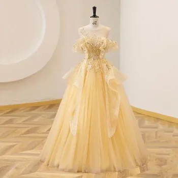 Tatlı Bellek 2014 Sarı Quinceanera Elbiseler Illusion Scoop Boyun Parlak Tül Balo Kapalı Omuz