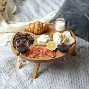 Taşınabilir Ahşap Katlanır Piknik masa üstü tutucu şarap bardağı Raf Peynir Meyve Piknik Katlanabilir Açık Masa Masa Küçük