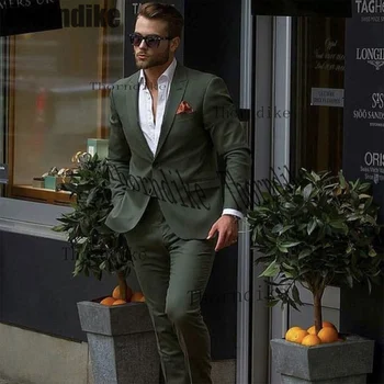 Thorndike 2022 Erkek Takım Elbise Tepe Yaka Slim Fit Damat Smokin Rahat Şık 2 Parça Koyu Yeşil Moda Özel Takım Elbise (ceket + Pantolon)