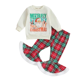 Toddler Kız Noel Giyim Seti Harfler Noel Baba Baskı Kazak Ekose Flare Pantolon Çocuk noel kıyafeti