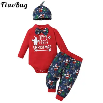 Toddlers Bebek Erkek Noel Noel Baba Kostüm Uzun Kollu Baskı Romper Tulum Pantolon Şapka Noel Yeni Yıl Partisi Kıyafetleri