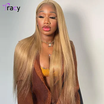 Tracy Saç Giymek Gitmek Tutkalsız Bal Sarışın #27 Düz peruk insan saçı Ön Koparıp Ön Kesim Dantel 4x4 HD Dantel Kapatma Peruk