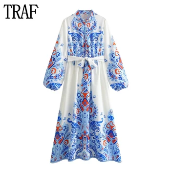 TRAF Pilili uzun elbise Kadın Mavi Boho Gömlek Elbise Kadın Kemer Düğmesi Maxi Elbiseler Kadınlar için Puf Kollu Ofis kadın elbisesi