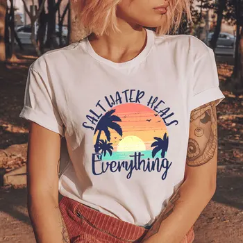 Tuzlu Su İyileştirir Her Şey Tatil Gömlek %100 % Pamuk Kadın Tshirt Komik Yaz Rahat Kısa Kollu Üst Tatil Tee Seyahat Gömlek