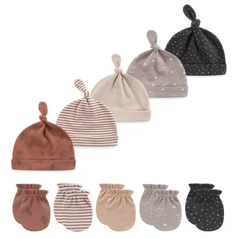 Unisex %100 % Pamuk Bebek Kız Şapkalar Yeni Doğan Şapka + Eldiven Setleri Düz Renk Donatılmış Bebek Erkek Nightcap Bebek Aksesuarları Karikatür