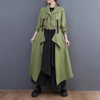 Uzun Kollu Vintage 2024 İlkbahar Sonbahar Düz Renk Hiçbir Toka Uzun Trençkot Kadın Giyim Rahat Gevşek Rüzgarlık Gelgit W205