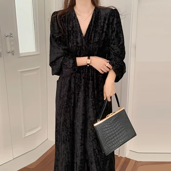 VANOVICH Kore Tarzı Sonbahar Yeni Retro V Yaka Kayış Bel İnce Uzun kollu Pleuche Elbise Kadın Mizaç A-line uzun elbise