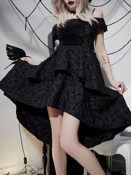 Vintage Koyu Alışveriş Merkezi Gotik Jakarlı A-line Elbiseler 2024 Yeni Y2K Grunge Zarif Slim Fit Bel Cinched Kapalı omuz kemerli elbise Emo