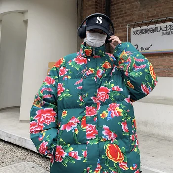 Vintage Çiçek Baskı Erkek Kadın Pamuk Mont Gevşek Uzun Kollu Cep Ceketler Kış Casual Unisex Kalınlaşmak Sıcak Outerwears