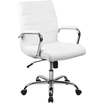 Whitney Orta Sırtlı Masa Sandalye-Krom Çerçeveli Beyaz LeatherSoft Döner Yönetici Ofis Koltuğu-Döner Kol Sandalye