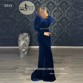 XPAY Vintage Mavi Kadife Abiye Uzun Kollu İnciler Kare Boyun Mermaid Balo Elbise Mütevazı Örgün Durum Parti Elbise