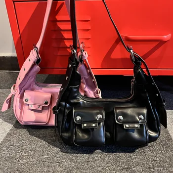 Y2k Pembe omuz çantaları Kadınlar İçin Siyah Değnek Tasarımcı Lüks Deri Çanta Kare Grunge Kaya Tote Alışveriş Çantaları 2023 Moda