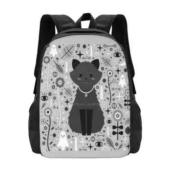 Yavru Fang Okul Çantaları Genç Kızlar İçin Dizüstü Seyahat Çantaları Yavru Kedi Bebek Hayvan Fang Cadılar Bayramı Ürkütücü Gri Siyah Beyaz