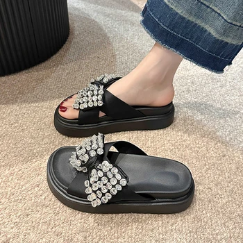 Yay Kristal Lüks Kadın Terlik Flats Platformu Flip Flop Ayakkabı 2024 Marka Yaz Sandalet Rahat Yürüyüş Slaytlar Kadın Zapatos