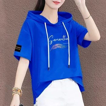 Yaz 2023 Yeni Kapşonlu T-Shirt kadın Giyim Rahat Kısa Üstleri Moda Gevşek Zarif T-Shirt Kazak Kadın Gelgit