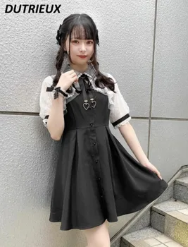Yaz Japon Tarzı Dantel Dikiş Kısa Kollu Bel Kontrollü Kısa Elbise Tatlı Sevimli Aşk Kolye Lolita Büyük Boy Elbise