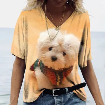 Yaz Sevimli Köpek 3D Baskı T-Shirt Kadın Rahat Moda Streetwear Y2k Kısa Kollu V Yaka T Shirt Harajuku Tees Tops Giyim