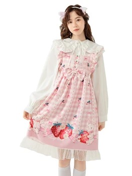 Yaz Tatlı Çilek Baskılı Lolita Elbise Sevimli Tavşan Baskılı Ekose Prenses Elbise Kız Japon Kawaii Kolsuz Elbiseler