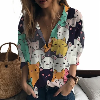 Yaz yeni kadın gömleği, birçok kedi ve kediler 3D baskılı kadın gömleği anime sevimli rahat tarzı kadın gömleği moda trendi kadın gömlek