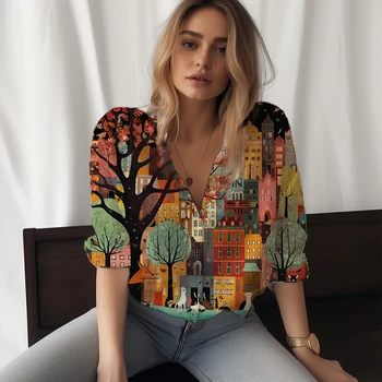 Yaz yeni kadın gömleği şehir evi 3D baskılı kadın gömleği rahat tarzı güzel kadın gömleği moda trendi kadın gömlek