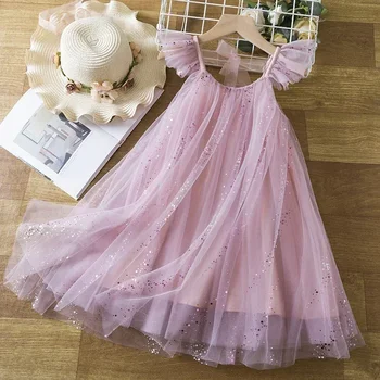 Yaz Yeni Kız Elbise Sevimli Kız Pullu Peri Tül Elbise Bebek Fırfır Kollu Doğum Günü Prenses Kostüm Çocuklar gündelik giyim 3 8 yıl